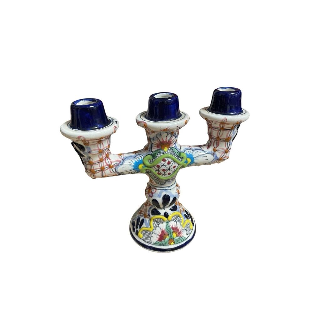 Vintage Mexican Talavera Folk Art Pottery Candle Stick Holder Abstract Funky